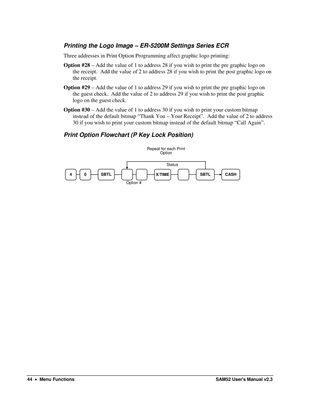 Samsung SAM52M Printing the Logo Image ER-5200M Settings Series ECR, Print Option Flowchart P Key Lock Position 