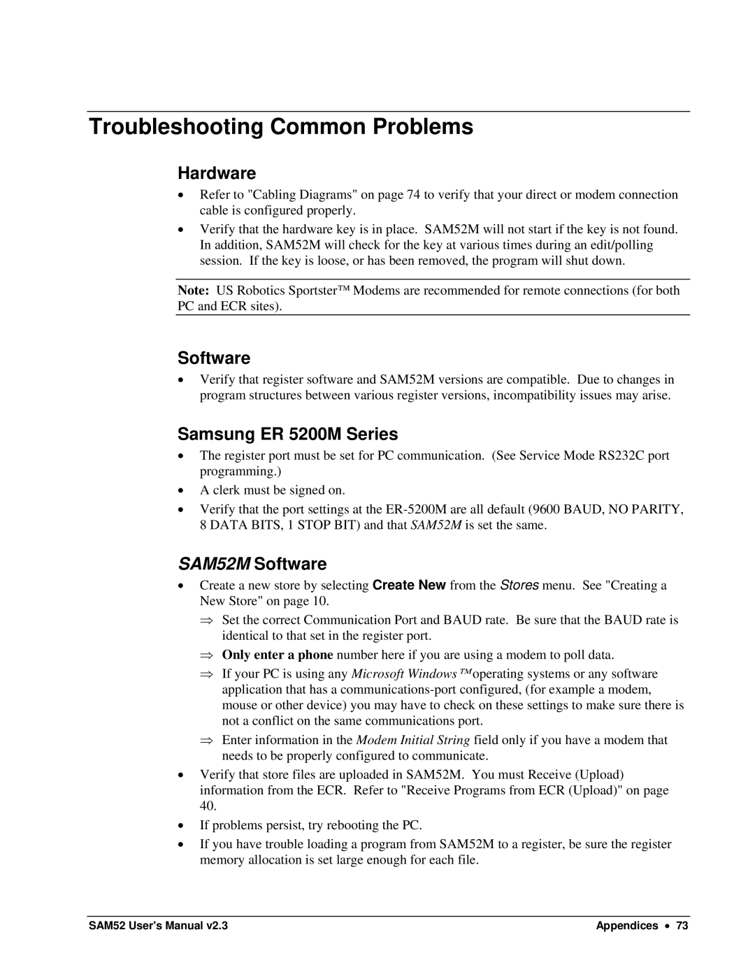 Samsung ER-5200M user manual Troubleshooting Common Problems, Hardware, Samsung ER 5200M Series, SAM52M Software 