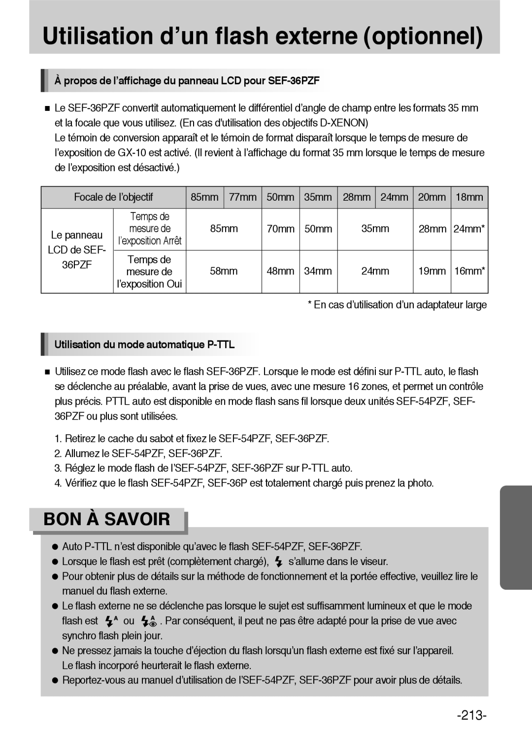 Samsung ER-GX10ZBBH/DE, ER-GX10ZBBB/FR manual Propos de l’affichage du panneau LCD pour SEF-36PZF, 85mm 35mm, 70mm 50mm 28mm 