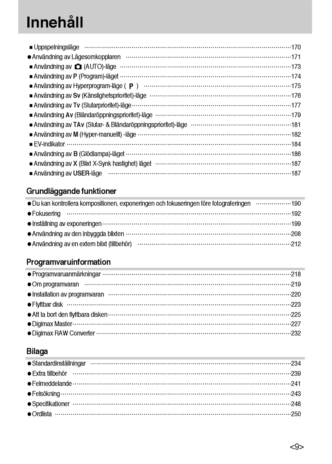 Samsung ER-GX10ZBBA/DK 170, 171, 175, Användning av Sv Känslighetsprioritet-läge 176, 177, 182, EV-indikator 184, 186, 190 