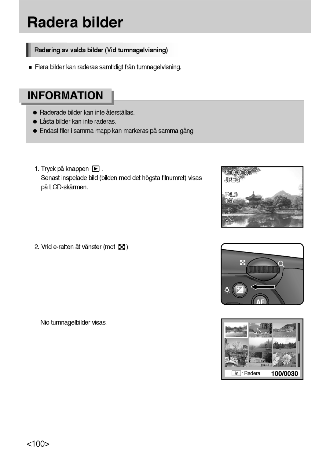 Samsung ER-GX10ZBBH/DE, ER-GX10ZBBB/SE, ER-GX10ZBBA/DK, ER-GX10ZBBB/DE manual Radering av valda bilder Vid tumnagelvisning 