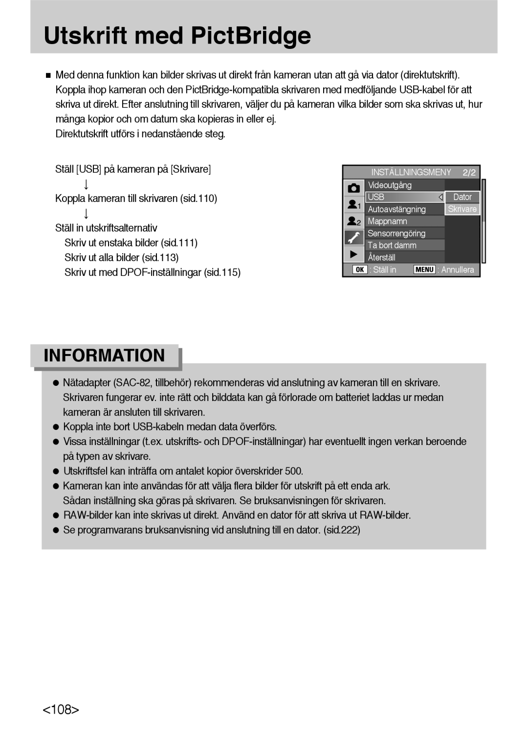 Samsung ER-GX10ZBBH/DE, ER-GX10ZBBB/SE, ER-GX10ZBBA/DK Utskrift med PictBridge, Skriv ut med DPOF-inställningar sid.115 