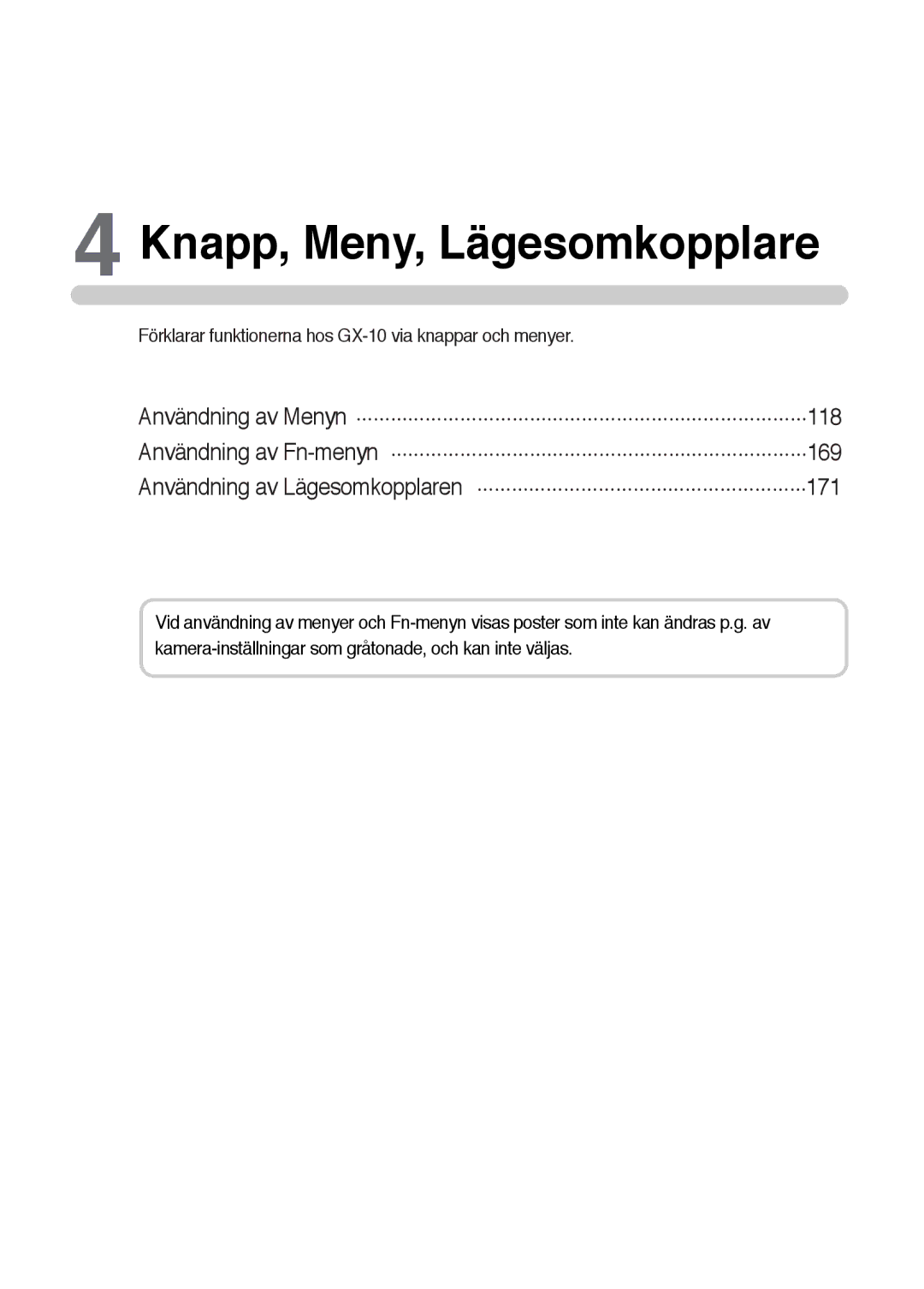 Samsung ER-GX10ZBBA/DK manual Knapp, Meny, Lägesomkopplare, Förklarar funktionerna hos GX-10 via knappar och menyer 