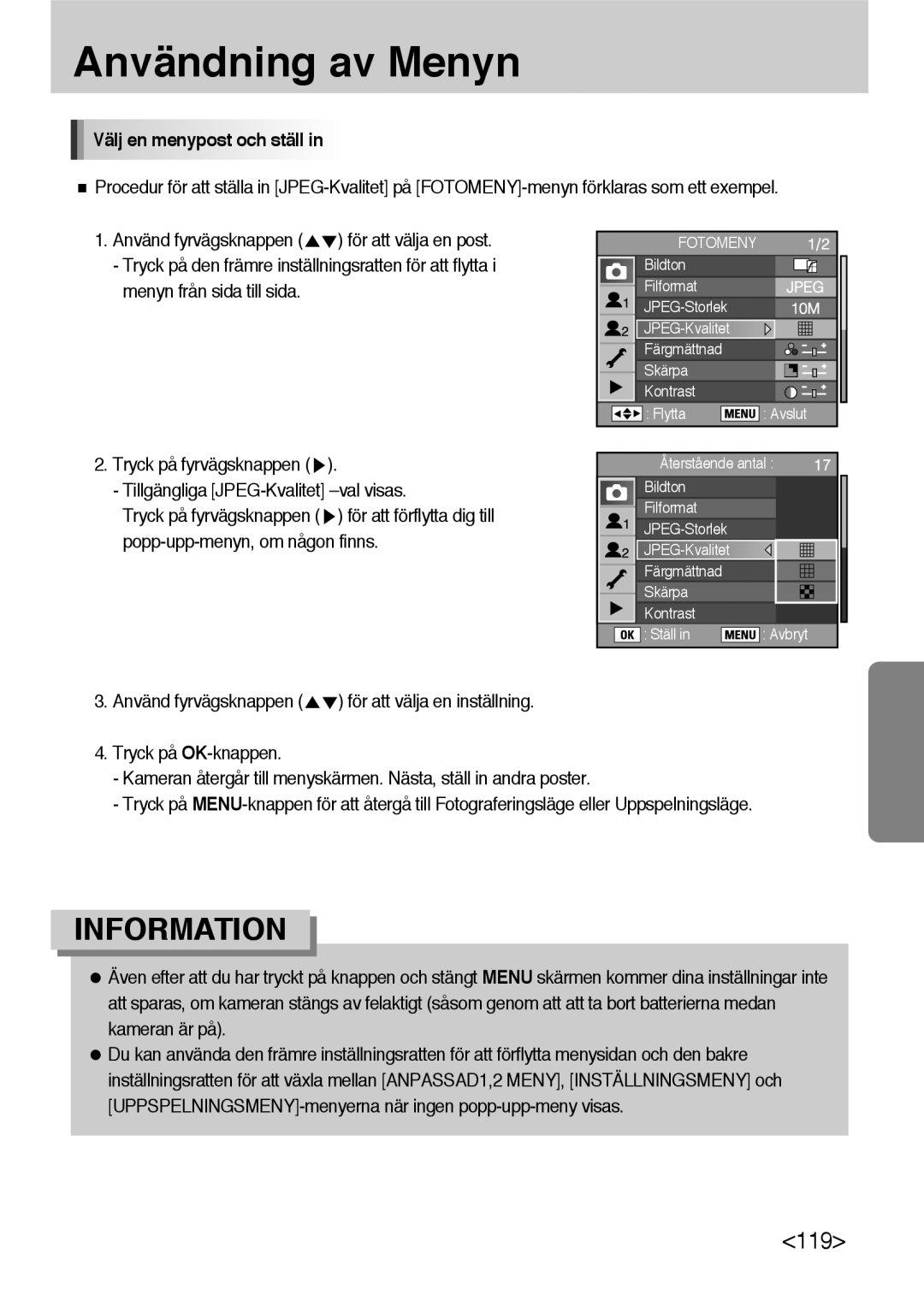 Samsung ER-GX10ZBBB/SE, ER-GX10ZBBH/DE, ER-GX10ZBBA/DK manual Välj en menypost och ställ, Popp-upp-menyn, om någon finns 