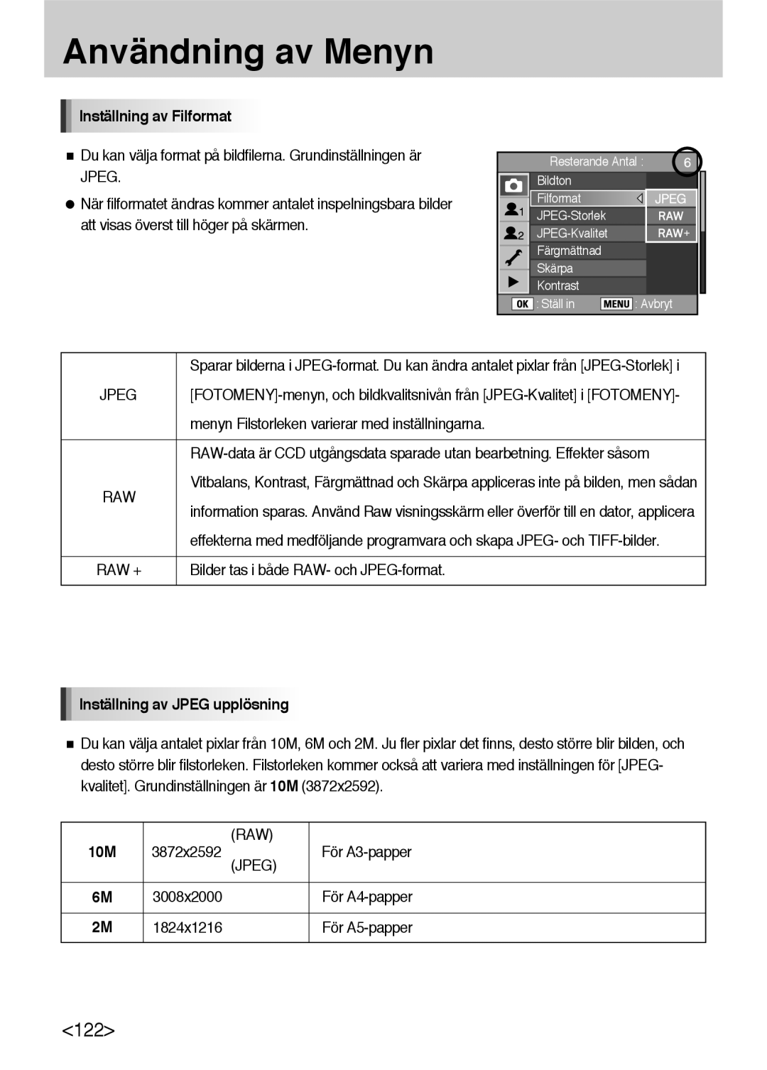 Samsung ER-GX10ZBBB/DE, ER-GX10ZBBB/SE, ER-GX10ZBBH/DE manual Inställning av Filformat, Inställning av Jpeg upplösning, 10M 