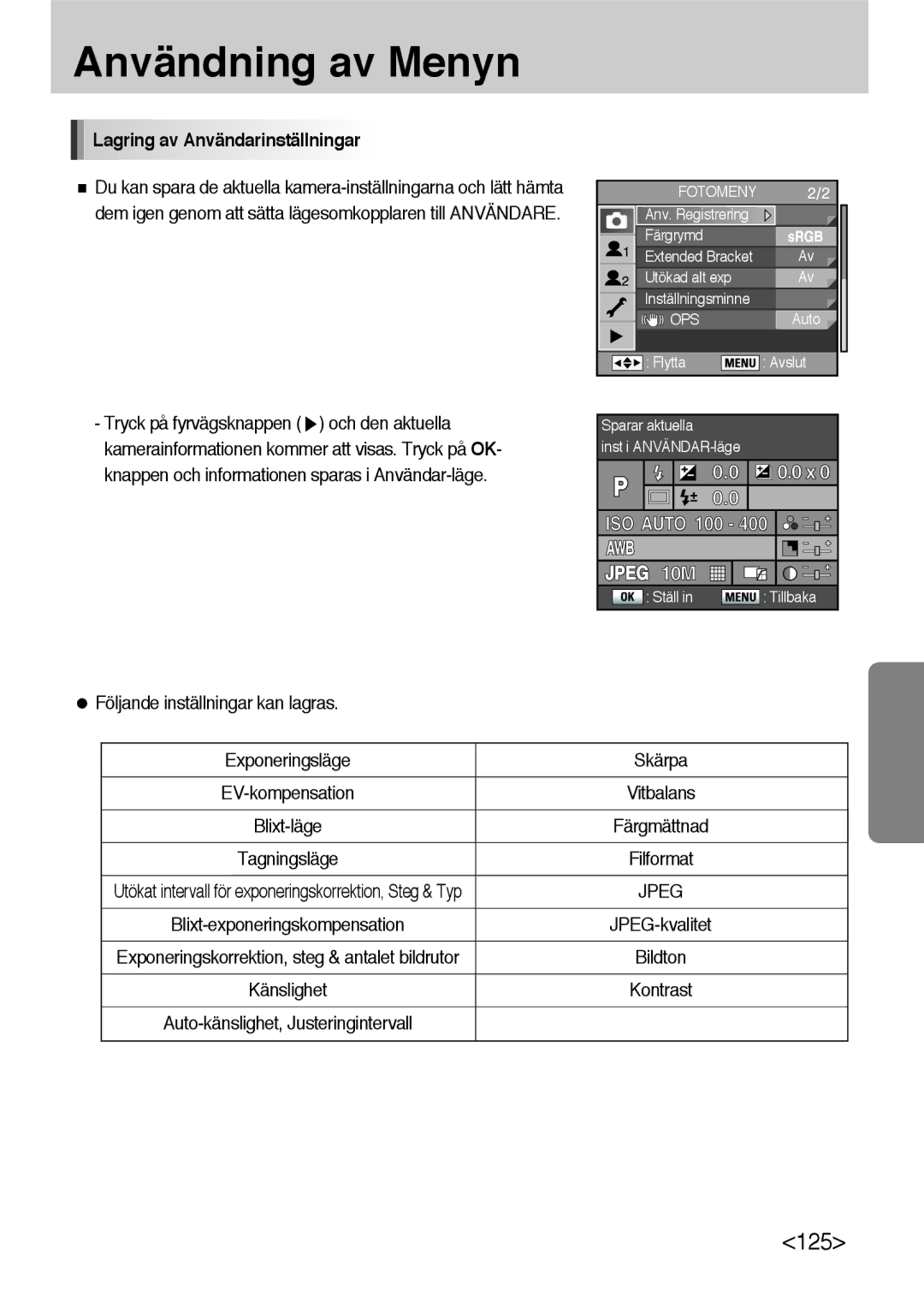 Samsung ER-GX10ZBBA/DK manual Lagring av Användarinställningar, Följande inställningar kan lagras Exponeringsläge Skärpa 