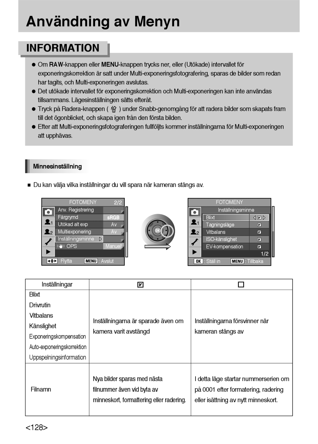 Samsung ER-GX10ZBBH/DE, ER-GX10ZBBB/SE, ER-GX10ZBBA/DK, ER-GX10ZBBB/DE manual Minnesinställning 