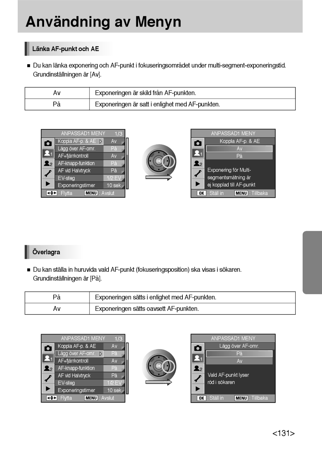 Samsung ER-GX10ZBBB/SE, ER-GX10ZBBH/DE, ER-GX10ZBBA/DK, ER-GX10ZBBB/DE manual Länka AF-punkt och AE, Överlagra 