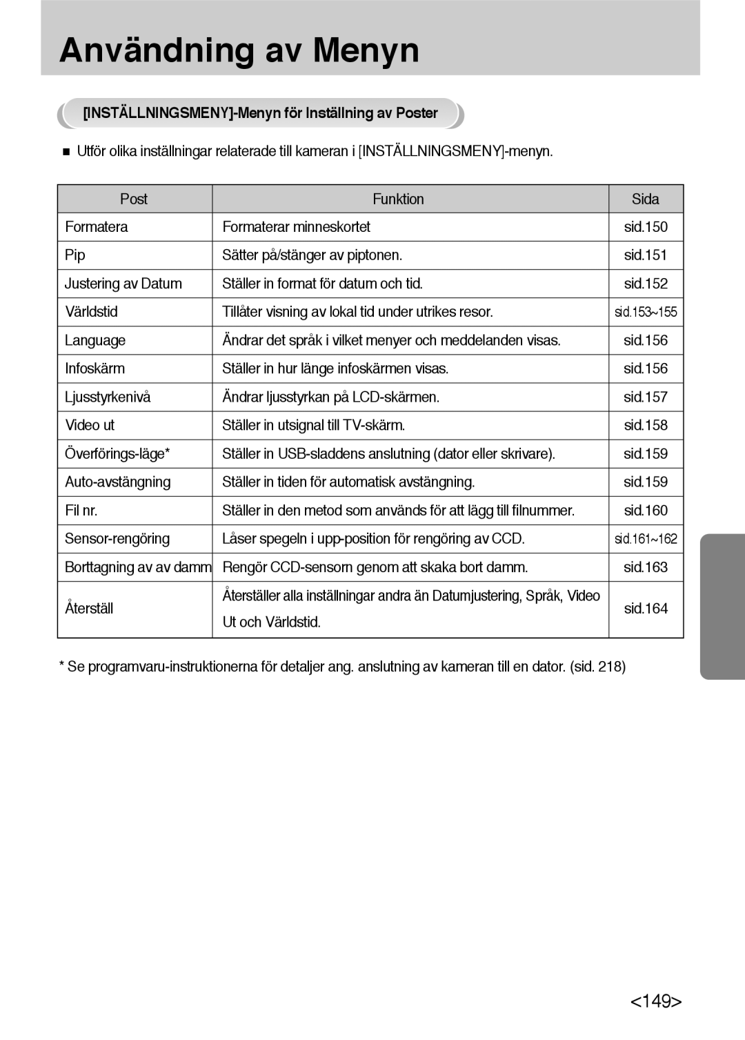 Samsung ER-GX10ZBBA/DK, ER-GX10ZBBB/SE, ER-GX10ZBBH/DE, ER-GX10ZBBB/DE manual INSTÄLLNINGSMENY-Menyn för Inställning av Poster 