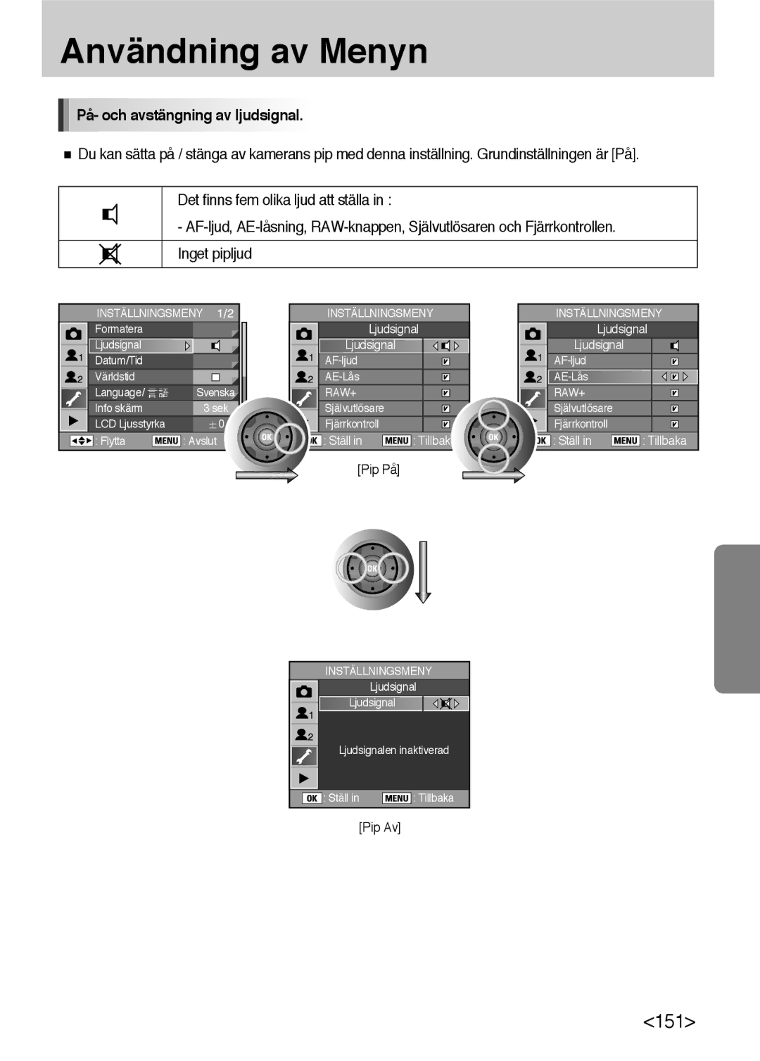 Samsung ER-GX10ZBBB/SE, ER-GX10ZBBH/DE, ER-GX10ZBBA/DK, ER-GX10ZBBB/DE På- och avstängning av ljudsignal, Inställningsmeny 