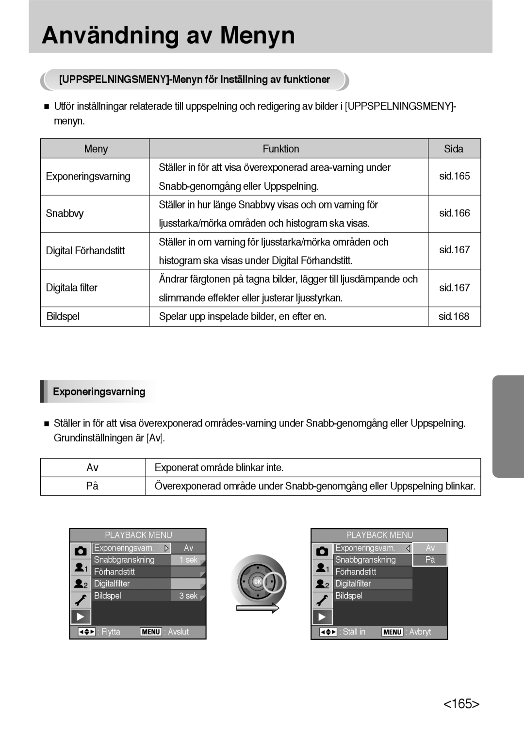 Samsung ER-GX10ZBBA/DK, ER-GX10ZBBB/SE manual UPPSPELNINGSMENY-Menyn för Inställning av funktioner, Exponeringsvarning 