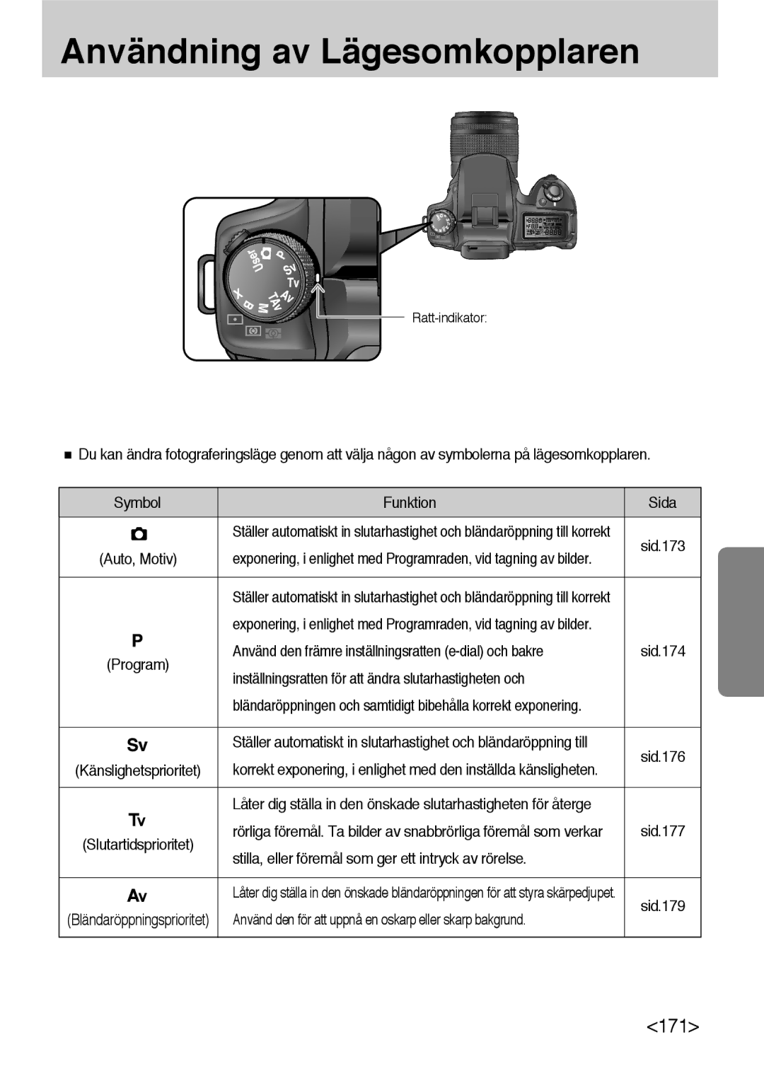 Samsung ER-GX10ZBBB/SE manual Användning av Lägesomkopplaren, Använd den främre inställningsratten e-dial och bakre 