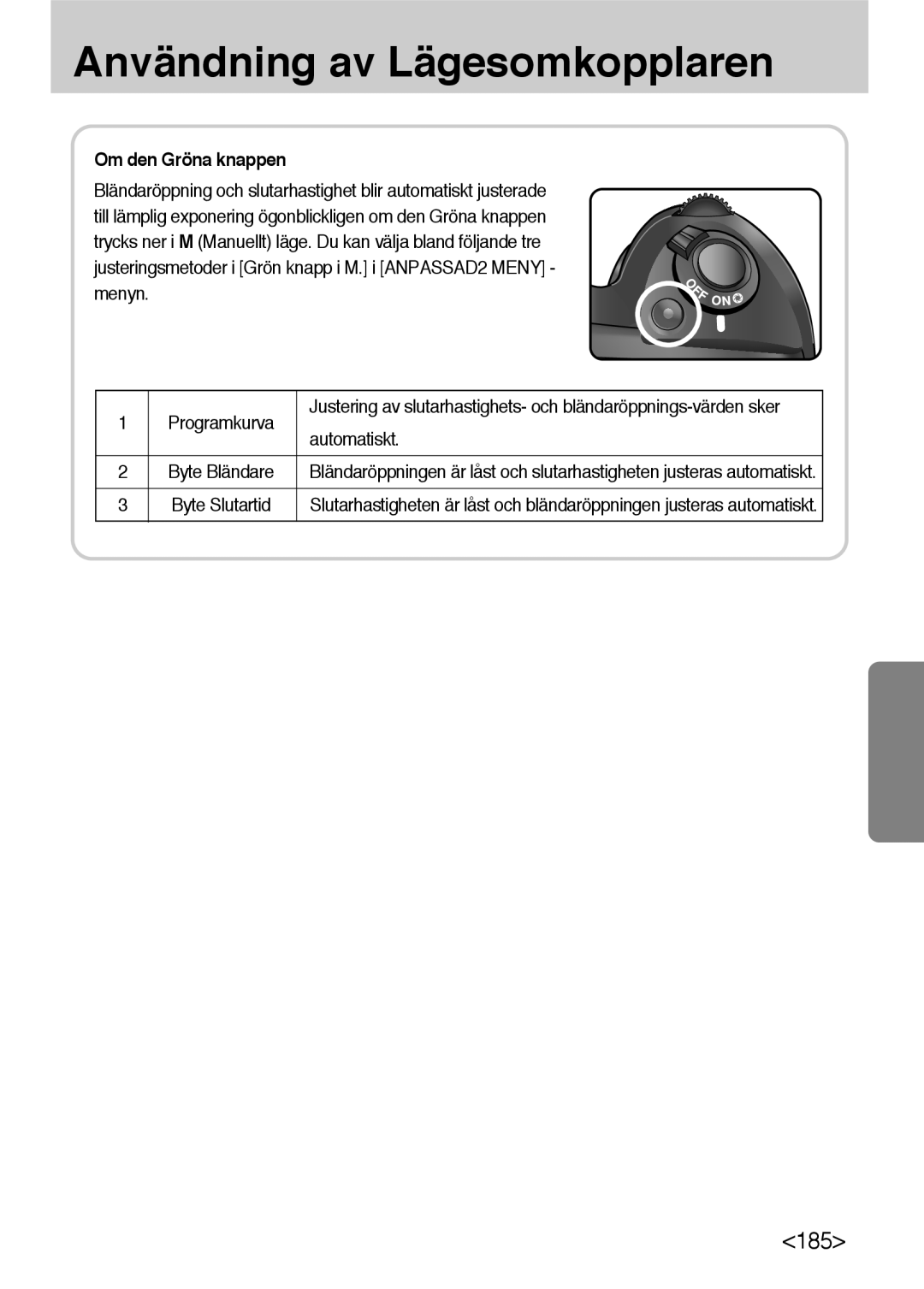 Samsung ER-GX10ZBBA/DK, ER-GX10ZBBB/SE, ER-GX10ZBBH/DE, ER-GX10ZBBB/DE manual Om den Gröna knappen, Automatiskt 