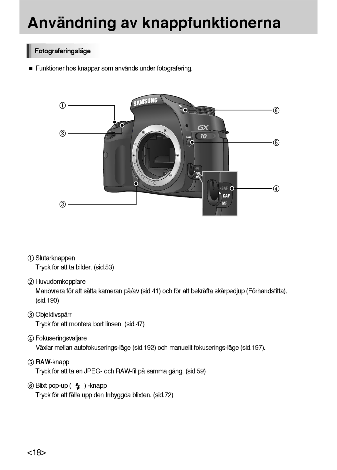 Samsung ER-GX10ZBBB/DE, ER-GX10ZBBB/SE, ER-GX10ZBBH/DE, ER-GX10ZBBA/DK Användning av knappfunktionerna, Fotograferingsläge 