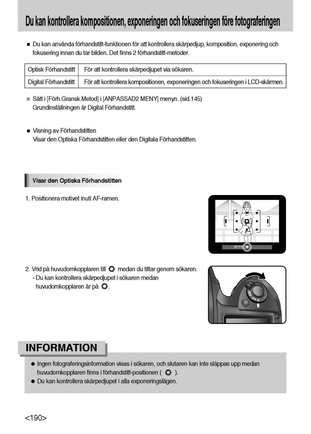 Samsung ER-GX10ZBBB/DE, ER-GX10ZBBB/SE manual För att kontrollera skärpedjupet via sökaren, Visar den Optiska Förhandstitten 