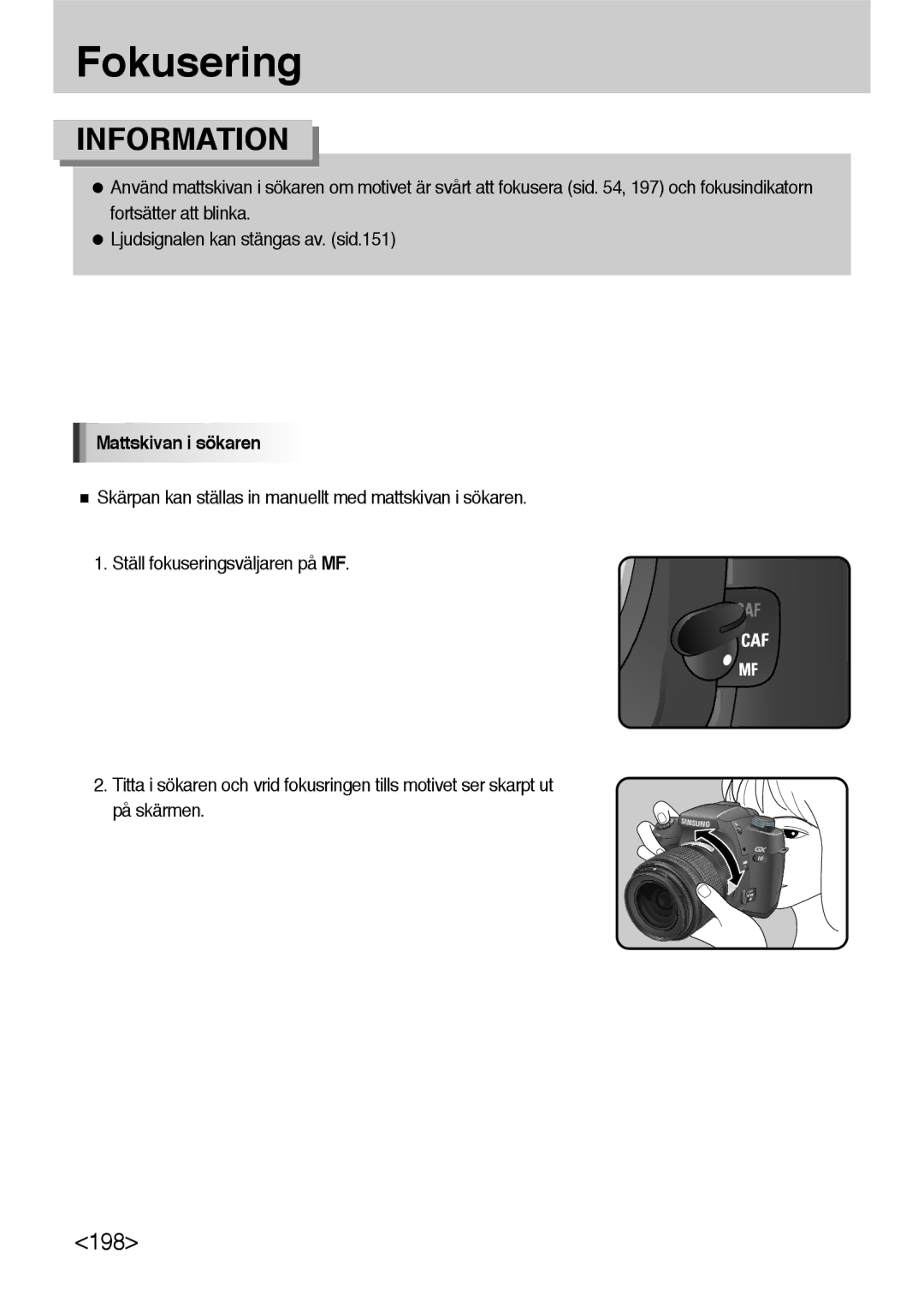 Samsung ER-GX10ZBBB/DE, ER-GX10ZBBB/SE, ER-GX10ZBBH/DE, ER-GX10ZBBA/DK manual Mattskivan i sökaren 