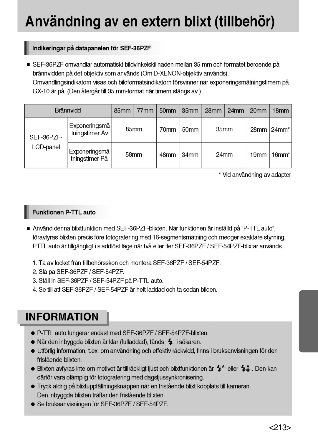 Samsung ER-GX10ZBBA/DK manual Indikeringar på datapanelen för SEF-36PZF, Brännvidd 85mm 77mm 50mm 35mm 28mm 24mm 20mm 18mm 