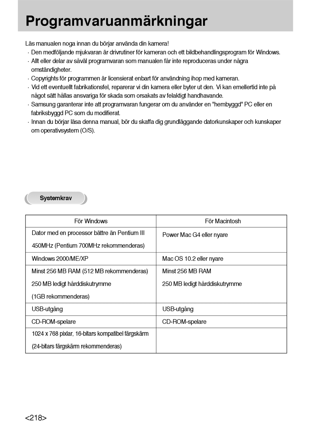 Samsung ER-GX10ZBBB/DE, ER-GX10ZBBB/SE, ER-GX10ZBBH/DE, ER-GX10ZBBA/DK manual Programvaruanmärkningar, Systemkrav 