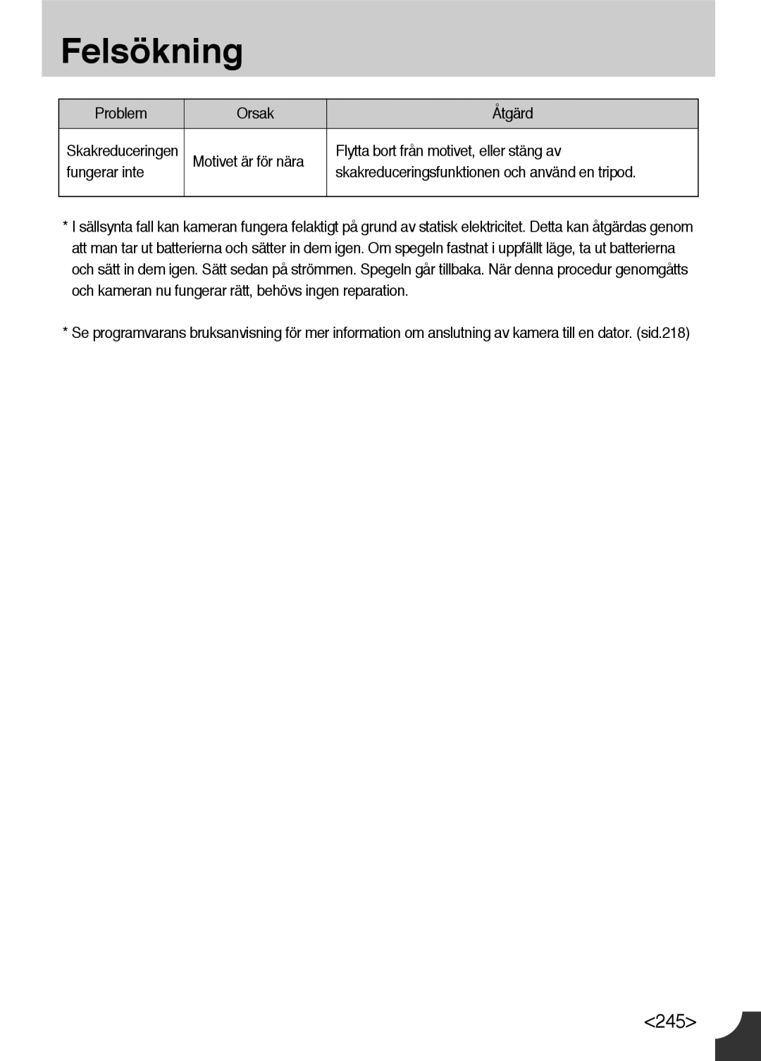 Samsung ER-GX10ZBBA/DK, ER-GX10ZBBB/SE, ER-GX10ZBBH/DE, ER-GX10ZBBB/DE manual Problem Orsak Åtgärd 