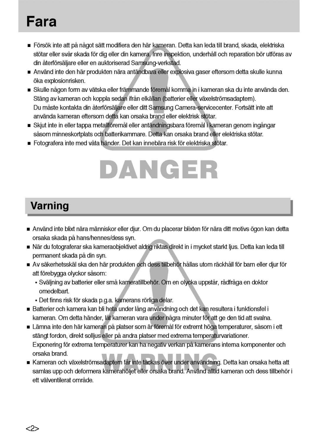 Samsung ER-GX10ZBBB/DE, ER-GX10ZBBB/SE, ER-GX10ZBBH/DE, ER-GX10ZBBA/DK manual Fara, Varning 