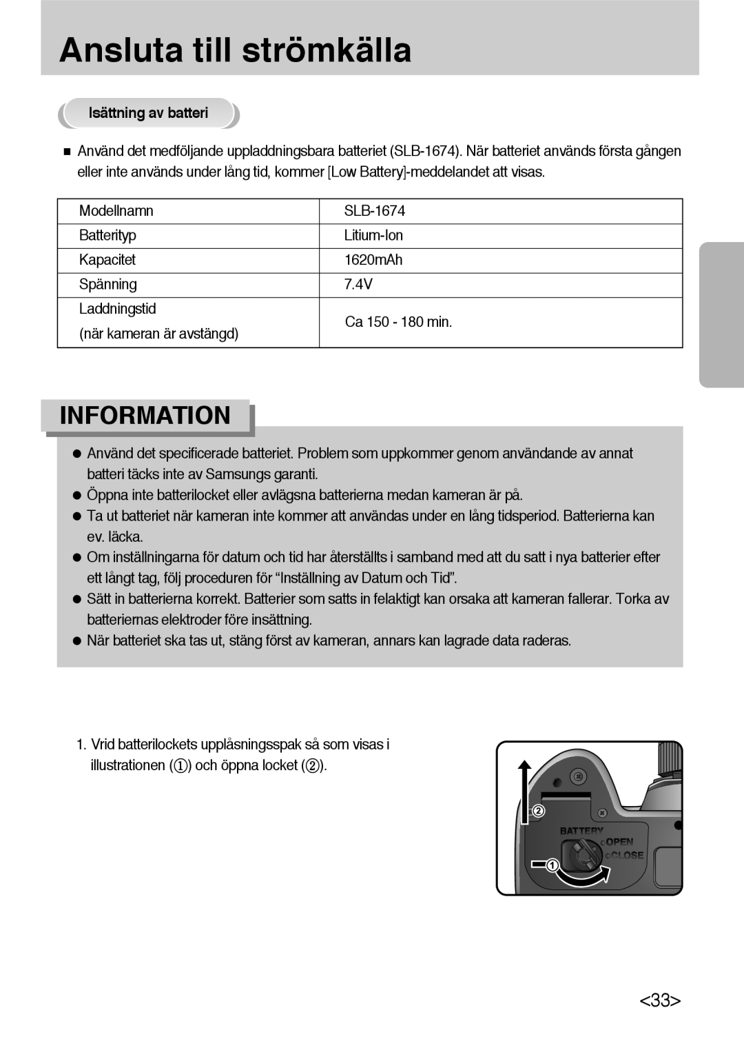 Samsung ER-GX10ZBBA/DK, ER-GX10ZBBB/SE, ER-GX10ZBBH/DE, ER-GX10ZBBB/DE manual Ansluta till strömkälla, Isättning av batteri 