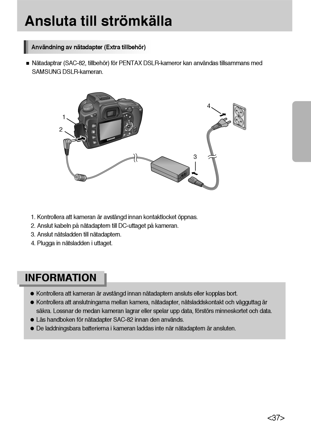 Samsung ER-GX10ZBBA/DK, ER-GX10ZBBB/SE, ER-GX10ZBBH/DE, ER-GX10ZBBB/DE manual Användning av nätadapter Extra tillbehör 