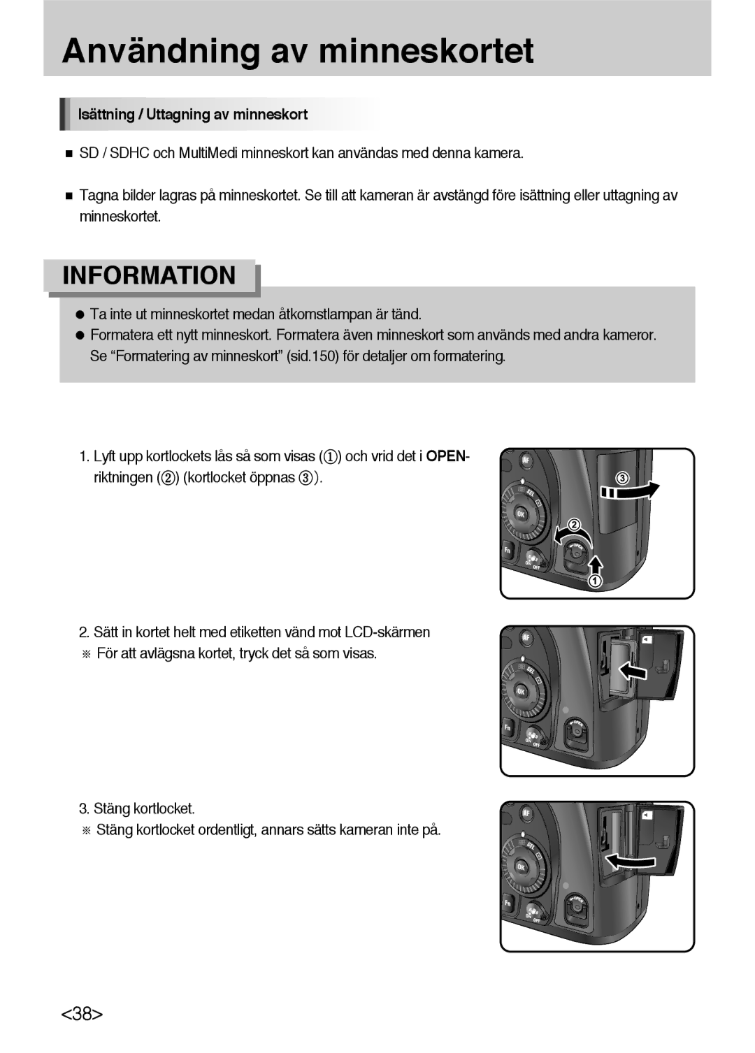 Samsung ER-GX10ZBBB/DE Användning av minneskortet, Isättning / Uttagning av minneskort, Riktningen kortlocket öppnas  