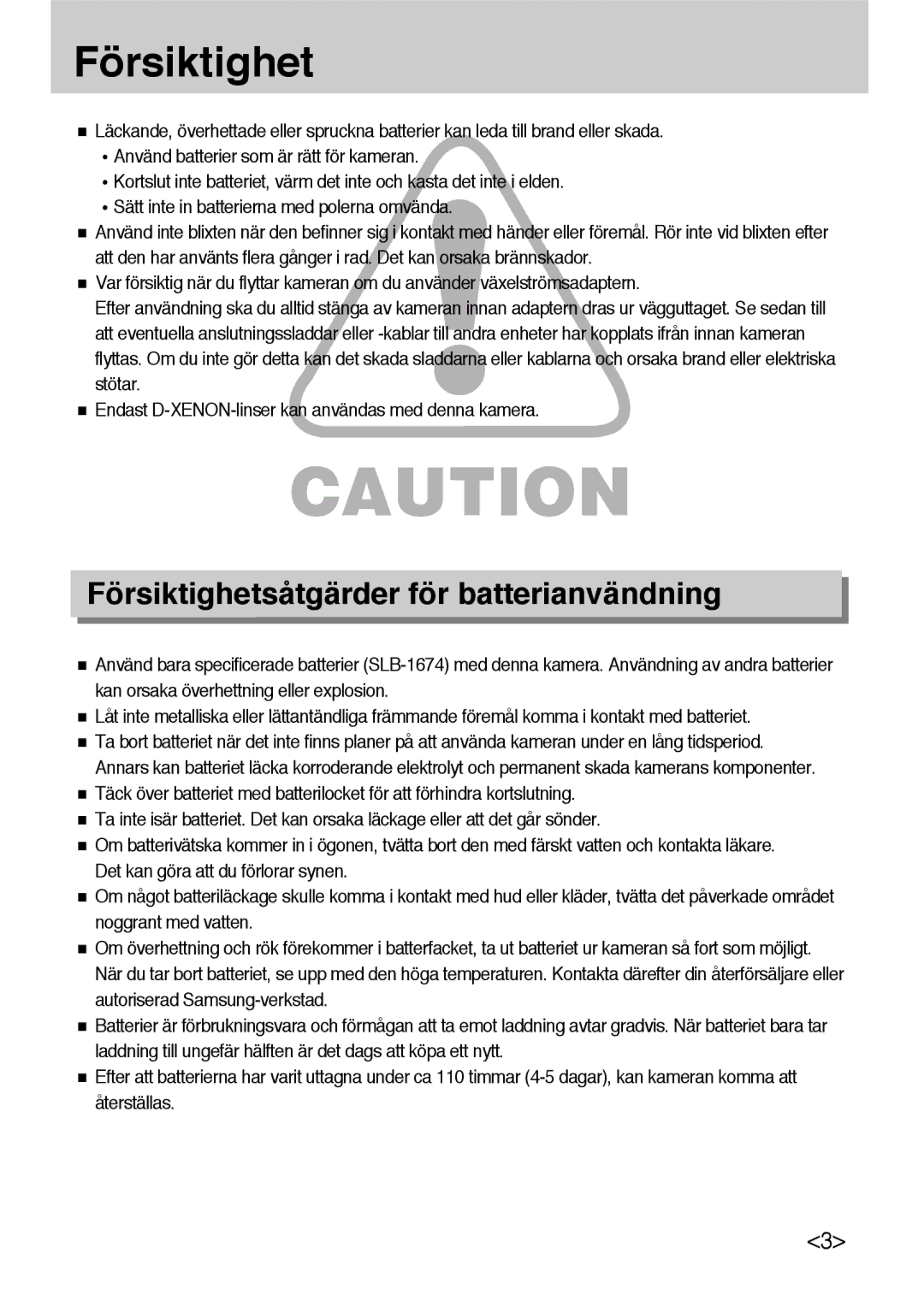 Samsung ER-GX10ZBBB/SE, ER-GX10ZBBH/DE, ER-GX10ZBBA/DK, ER-GX10ZBBB/DE manual Försiktighetsåtgärder för batterianvändning 