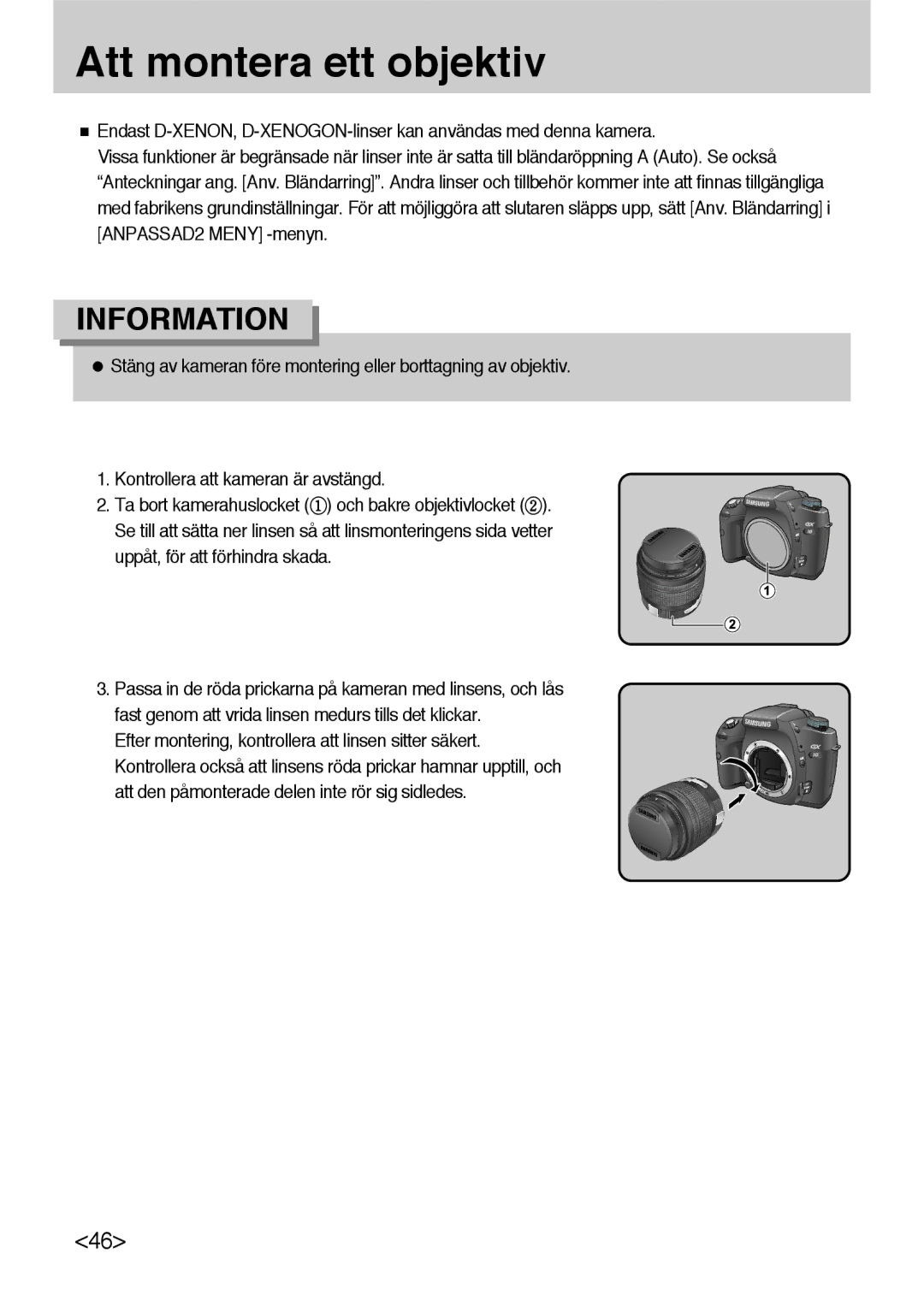 Samsung ER-GX10ZBBB/DE, ER-GX10ZBBB/SE, ER-GX10ZBBH/DE, ER-GX10ZBBA/DK manual Att montera ett objektiv 