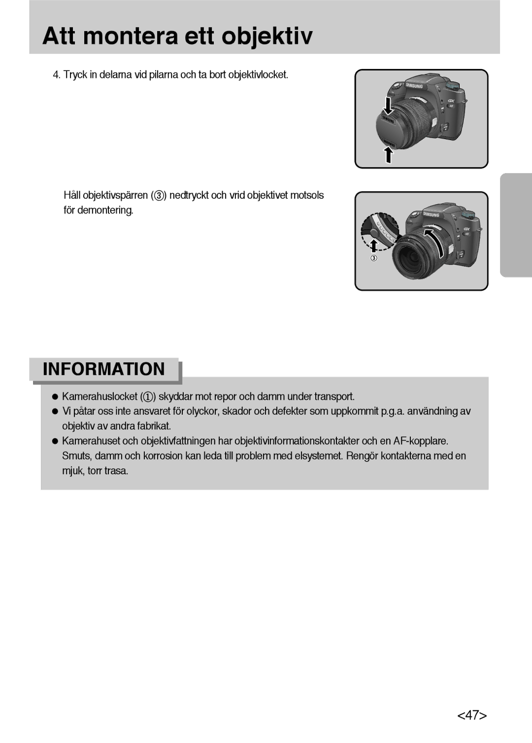 Samsung ER-GX10ZBBB/SE, ER-GX10ZBBH/DE, ER-GX10ZBBA/DK, ER-GX10ZBBB/DE manual Att montera ett objektiv 