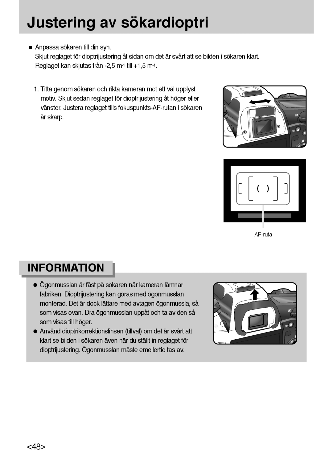 Samsung ER-GX10ZBBH/DE, ER-GX10ZBBB/SE, ER-GX10ZBBA/DK, ER-GX10ZBBB/DE manual Justering av sökardioptri 