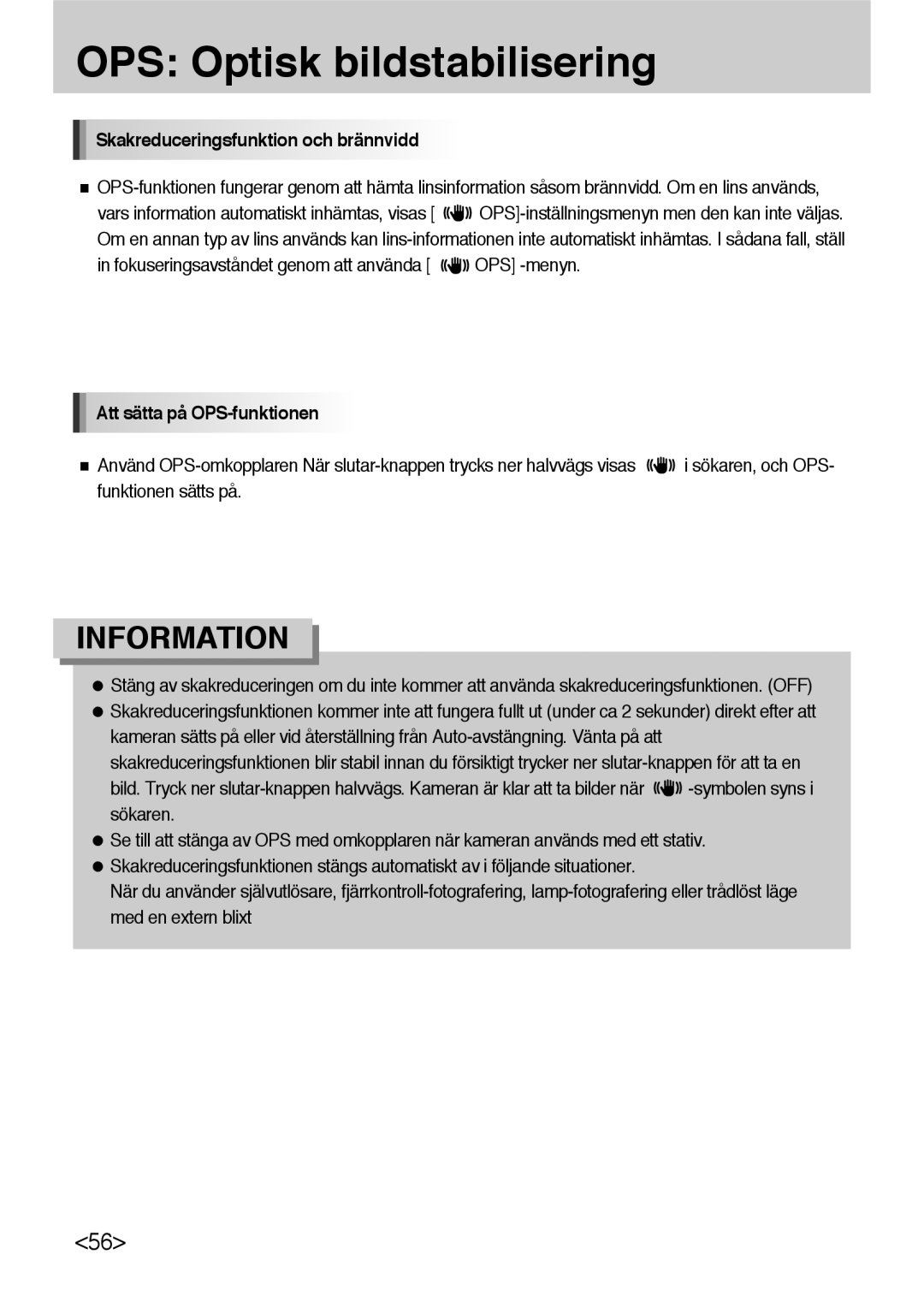 Samsung ER-GX10ZBBH/DE manual Skakreduceringsfunktion och brännvidd, Fokuseringsavståndet genom att använda OPS -menyn 