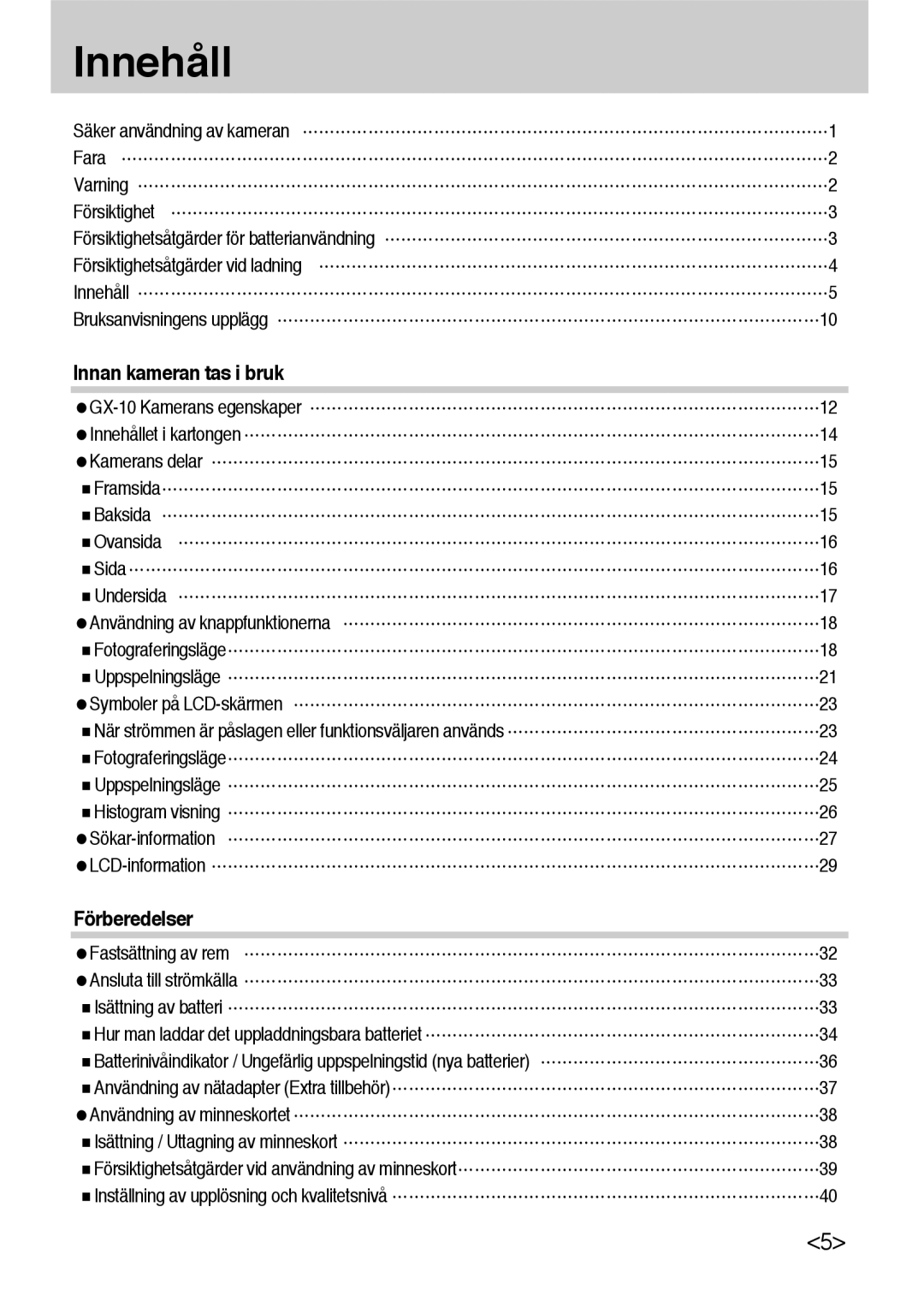 Samsung ER-GX10ZBBA/DK, ER-GX10ZBBB/SE, ER-GX10ZBBH/DE, ER-GX10ZBBB/DE manual Innehåll, Innan kameran tas i bruk 