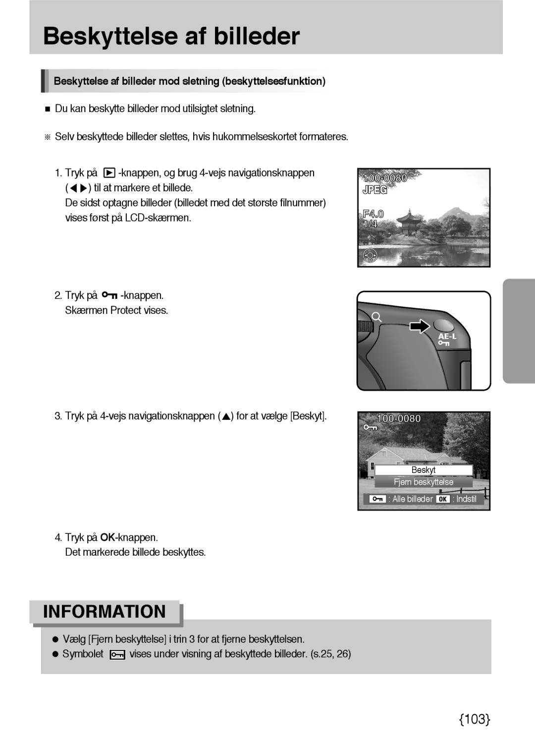 Samsung ER-GX10ZBBB/SE, ER-GX10ZBBH/DE, ER-GX10ZBBA/DK manual Beskyttelse af billeder mod sletning beskyttelsesfunktion 