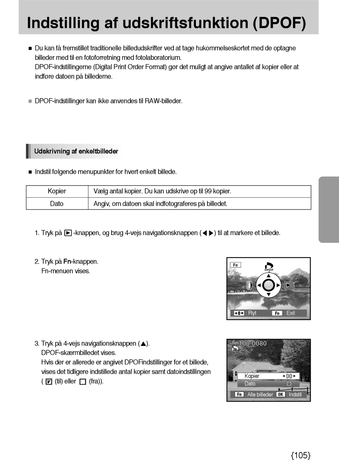 Samsung ER-GX10ZBBA/DK, ER-GX10ZBBB/SE Indstilling af udskriftsfunktion Dpof, Udskrivning af enkeltbilleder, Til eller 