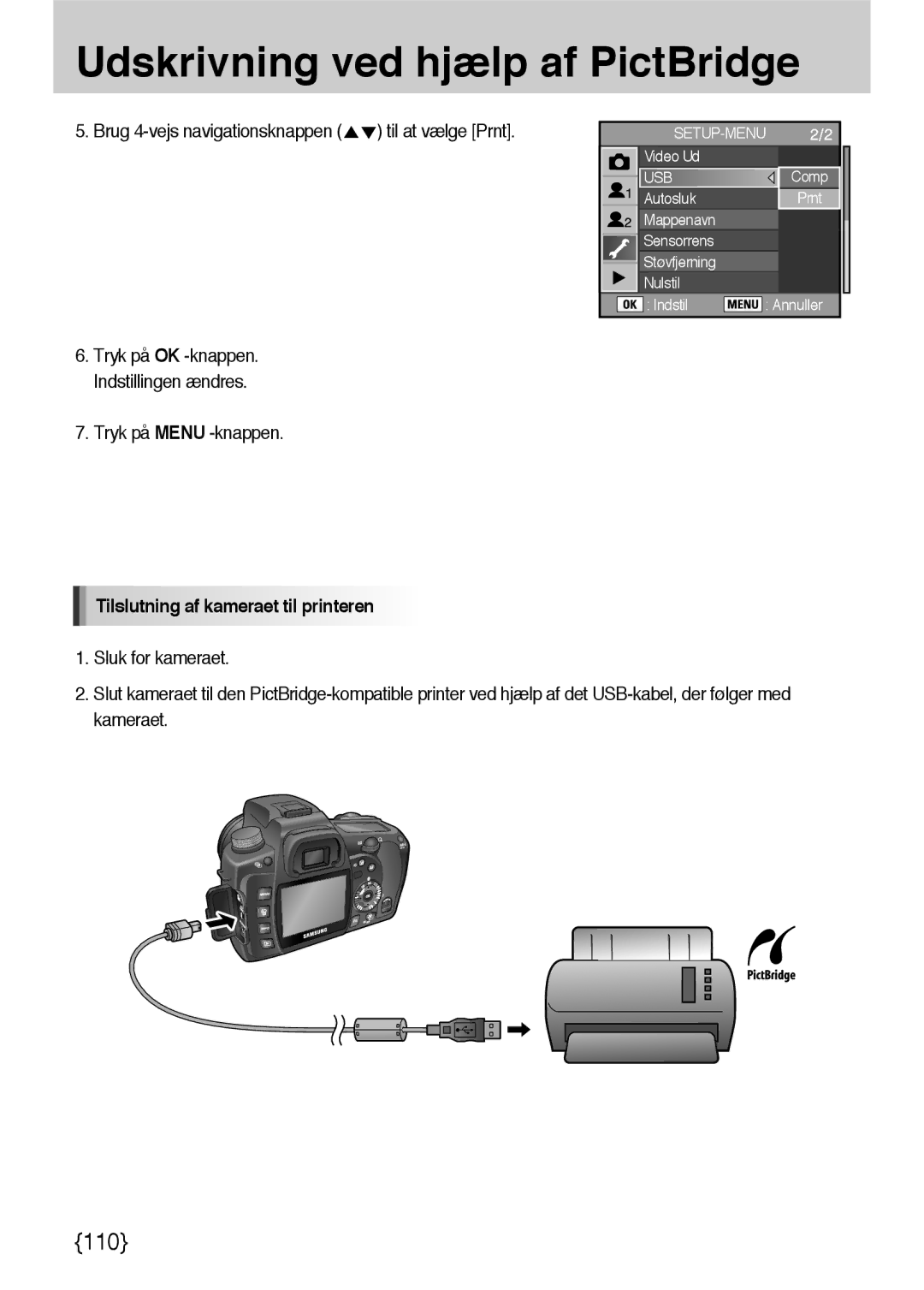 Samsung ER-GX10ZBBB/DE, ER-GX10ZBBB/SE, ER-GX10ZBBH/DE manual Tryk på Menu -knappen, Tilslutning af kameraet til printeren 