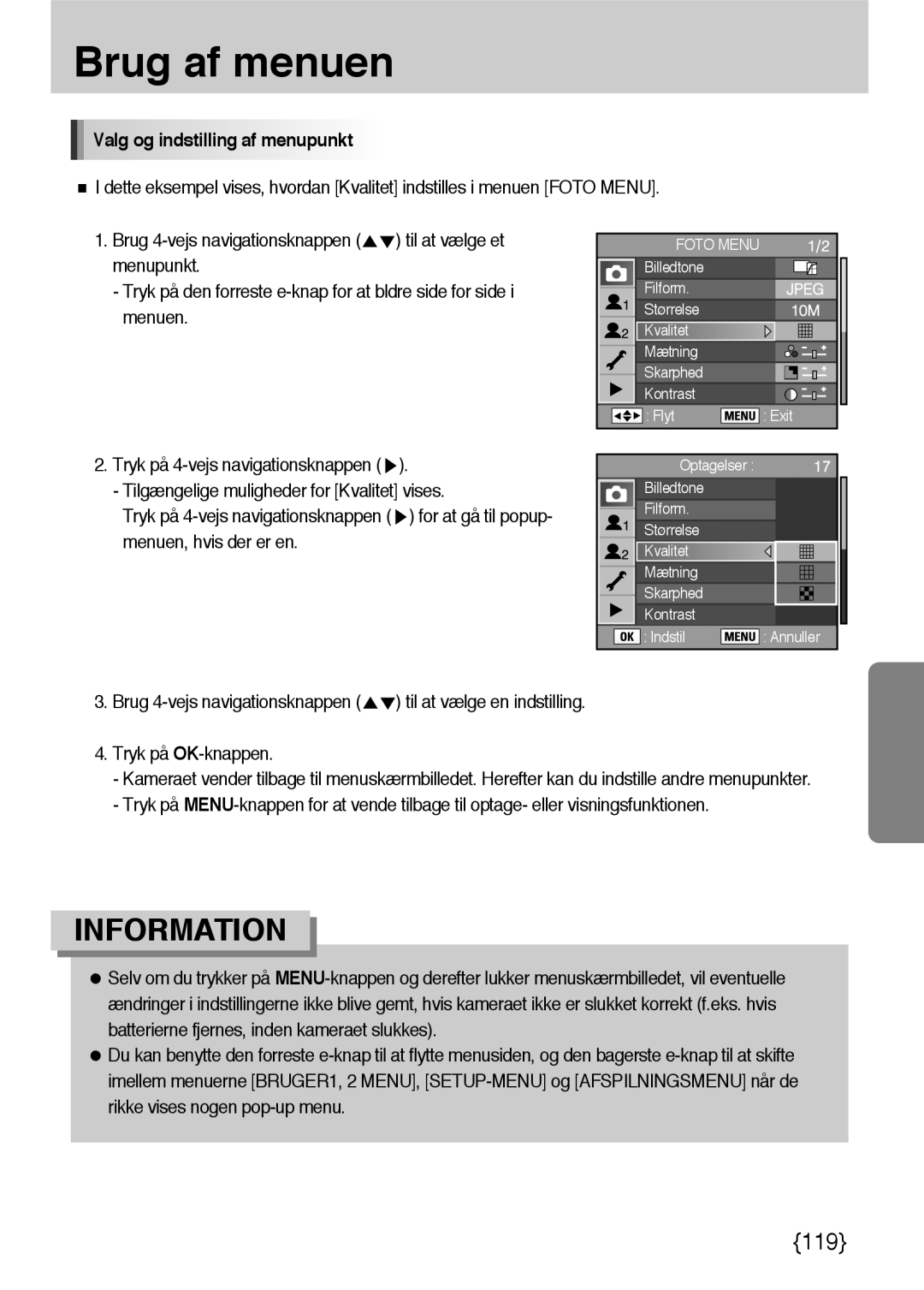 Samsung ER-GX10ZBBB/SE, ER-GX10ZBBH/DE manual Valg og indstilling af menupunkt, Tilgængelige muligheder for Kvalitet vises 