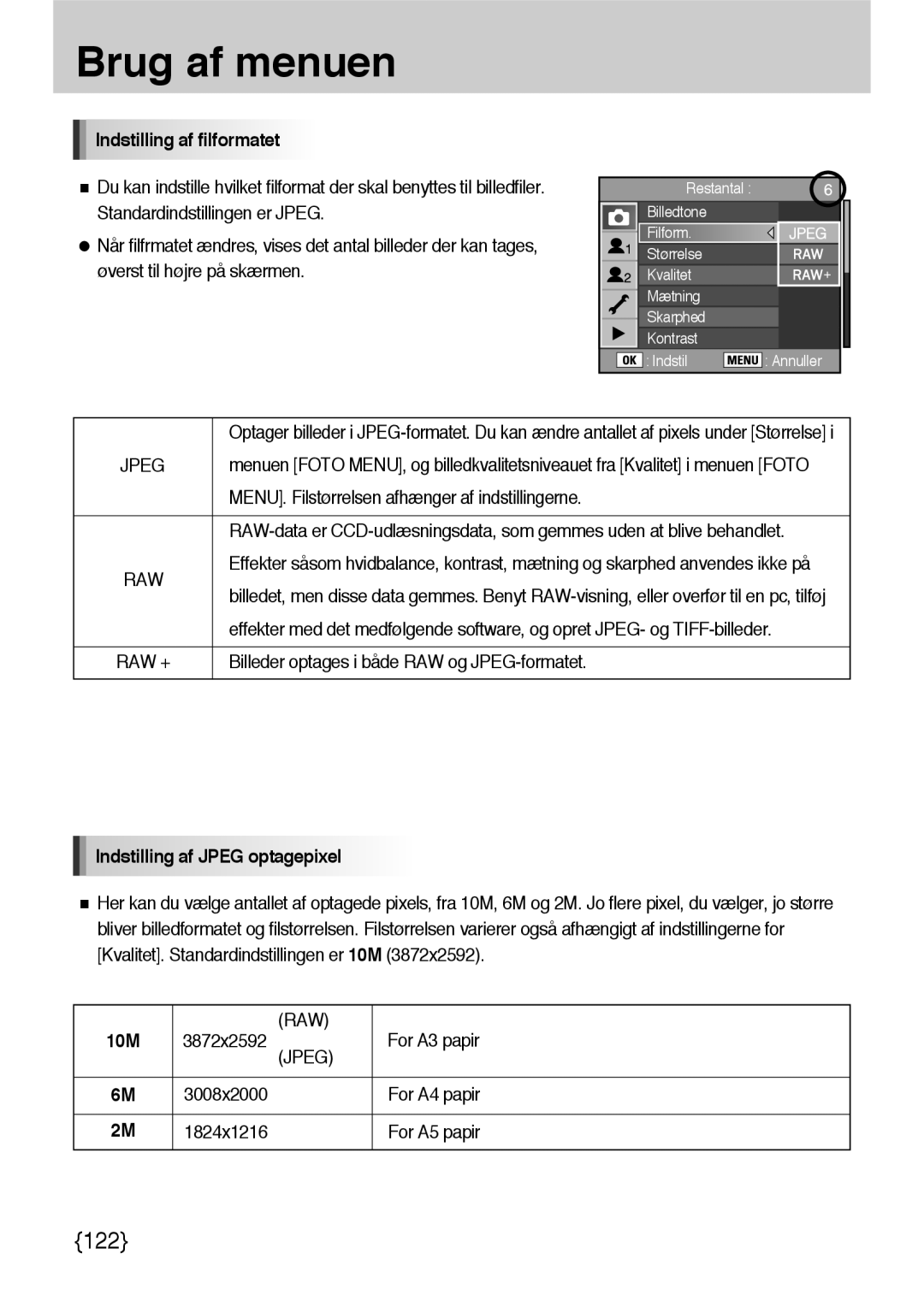 Samsung ER-GX10ZBBB/DE, ER-GX10ZBBB/SE, ER-GX10ZBBH/DE Indstilling af filformatet, Indstilling af Jpeg optagepixel, 10M 