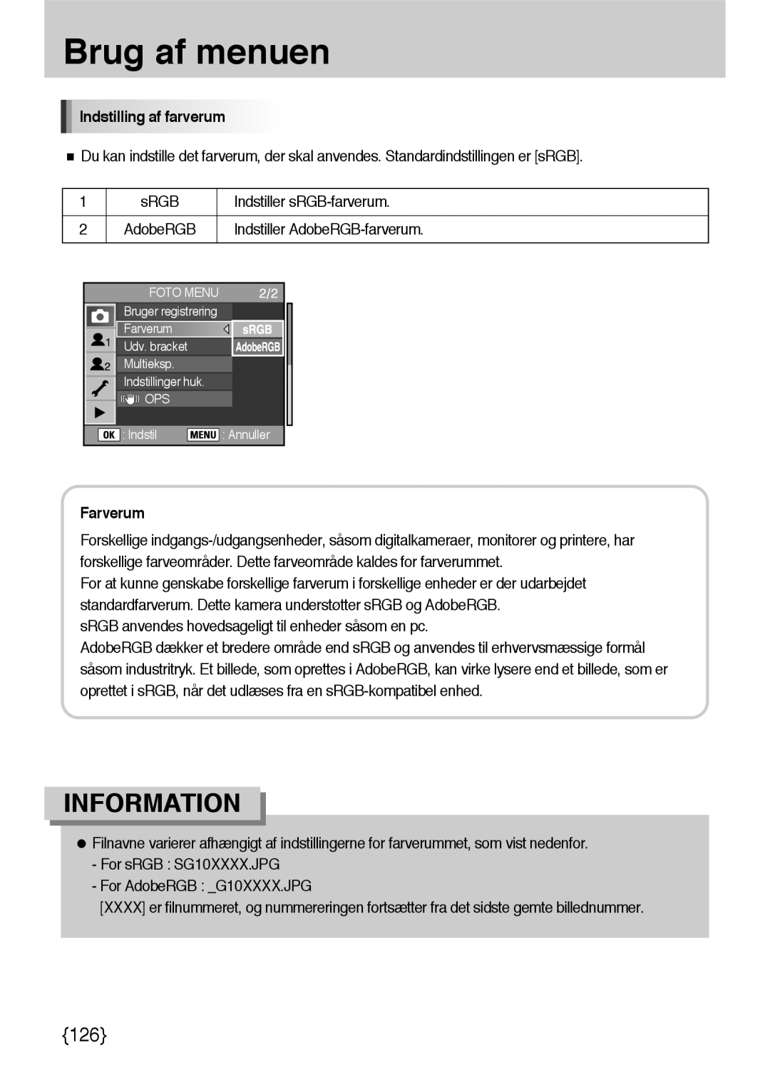 Samsung ER-GX10ZBBB/DE, ER-GX10ZBBB/SE, ER-GX10ZBBH/DE manual Indstilling af farverum, Indstiller AdobeRGB-farverum, Farverum 