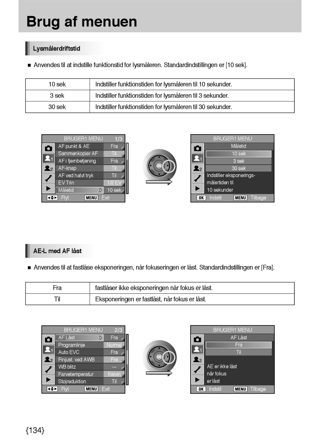 Samsung ER-GX10ZBBB/DE manual Lysmålerdriftstid, Indstiller funktionstiden for lysmåleren til 3 sekunder, AE-L med AF låst 