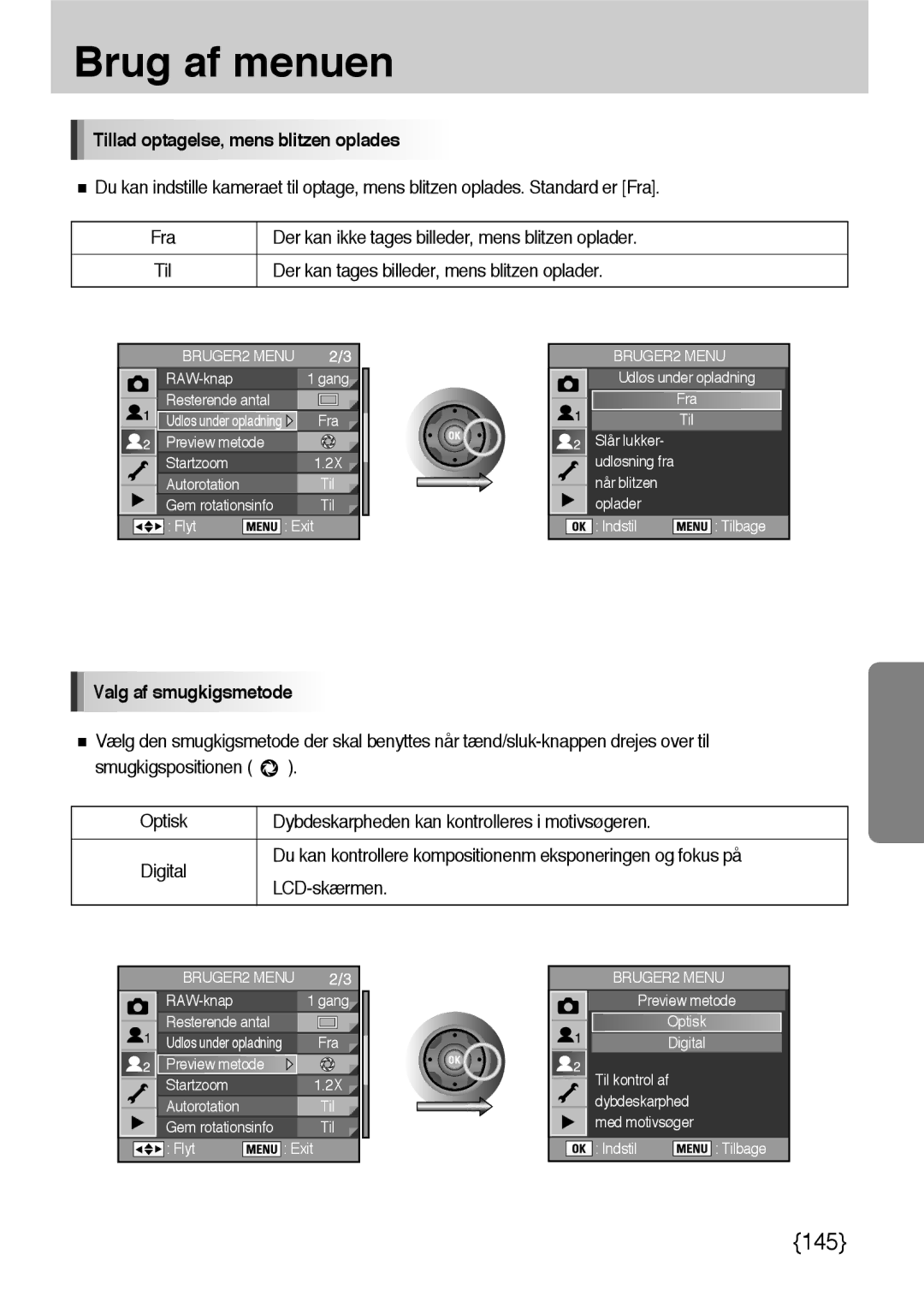 Samsung ER-GX10ZBBA/DK, ER-GX10ZBBB/SE, ER-GX10ZBBH/DE manual Tillad optagelse, mens blitzen oplades, Valg af smugkigsmetode 