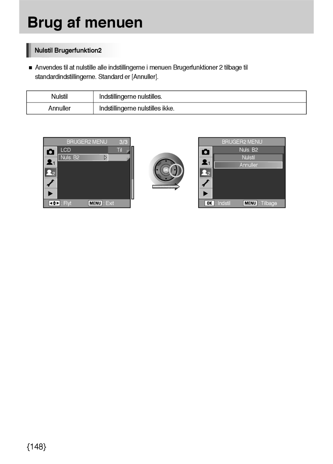 Samsung ER-GX10ZBBH/DE, ER-GX10ZBBB/SE, ER-GX10ZBBA/DK manual Nulstil Brugerfunktion2, Indstillingerne nulstilles ikke 