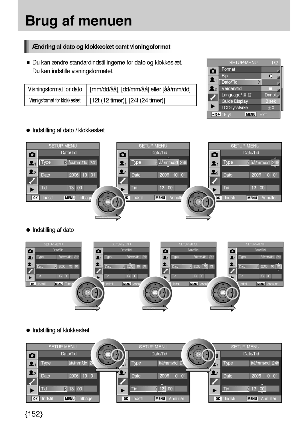 Samsung ER-GX10ZBBH/DE Ændring af dato og klokkeslæt samt visningsformat, 12t 12 timer, 24t 24 timer, Indstilling af dato 