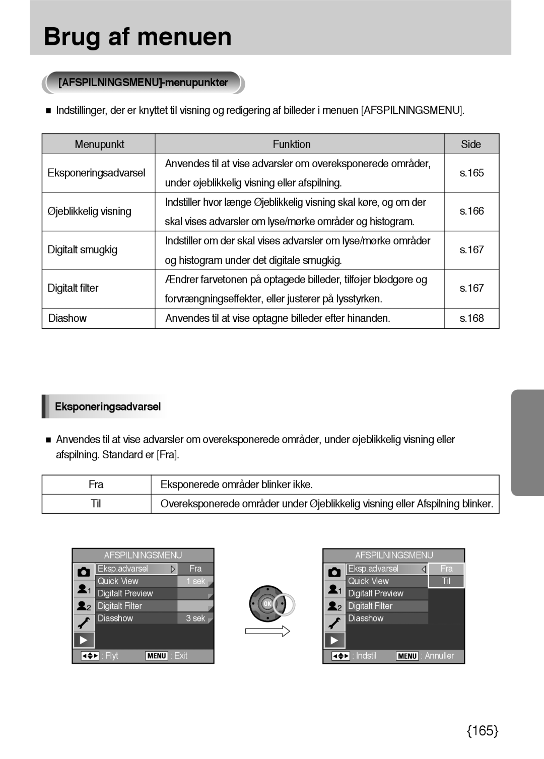 Samsung ER-GX10ZBBA/DK, ER-GX10ZBBB/SE, ER-GX10ZBBH/DE, ER-GX10ZBBB/DE AFSPILNINGSMENU-menupunkter, Eksponeringsadvarsel 