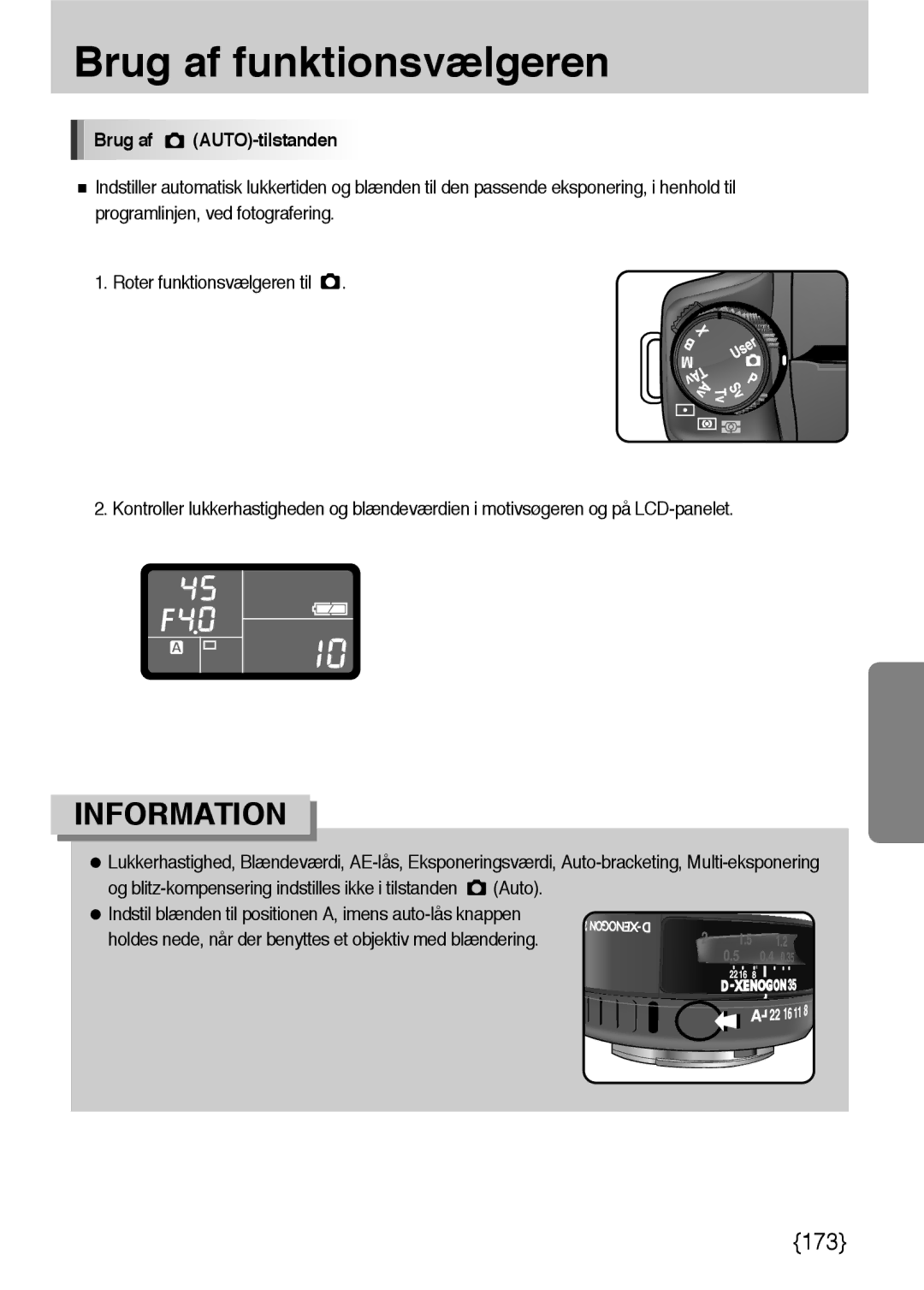 Samsung ER-GX10ZBBA/DK, ER-GX10ZBBB/SE, ER-GX10ZBBH/DE, ER-GX10ZBBB/DE manual Brug af AUTO-tilstanden 