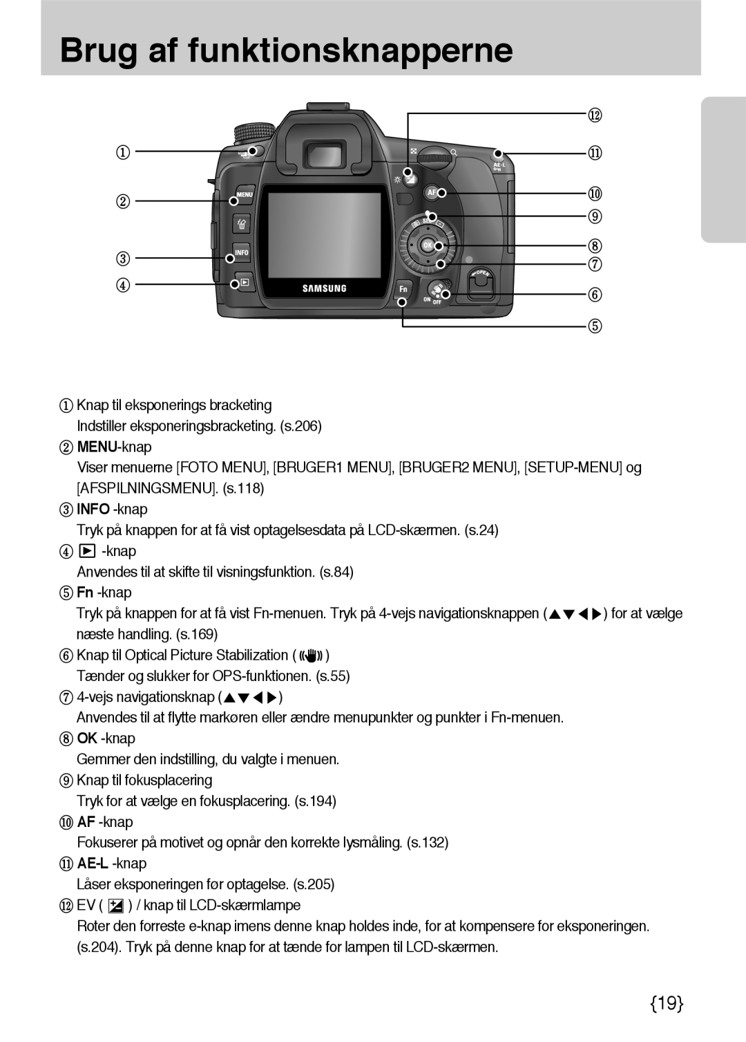 Samsung ER-GX10ZBBB/SE manual Info -knap, Næste handling. s.169, AE-L -knap, Låser eksponeringen før optagelse. s.205 