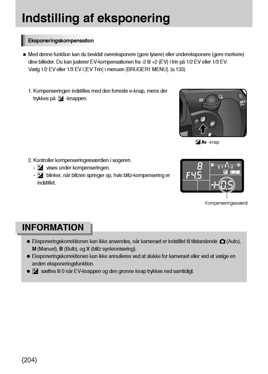 Samsung ER-GX10ZBBH/DE, ER-GX10ZBBB/SE, ER-GX10ZBBA/DK, ER-GX10ZBBB/DE manual Eksponeringskompensation 