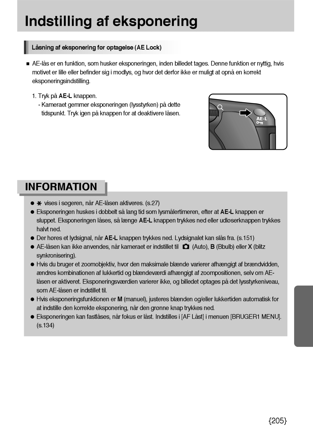 Samsung ER-GX10ZBBA/DK, ER-GX10ZBBB/SE, ER-GX10ZBBH/DE, ER-GX10ZBBB/DE manual Låsning af eksponering før optagelse AE Lock 