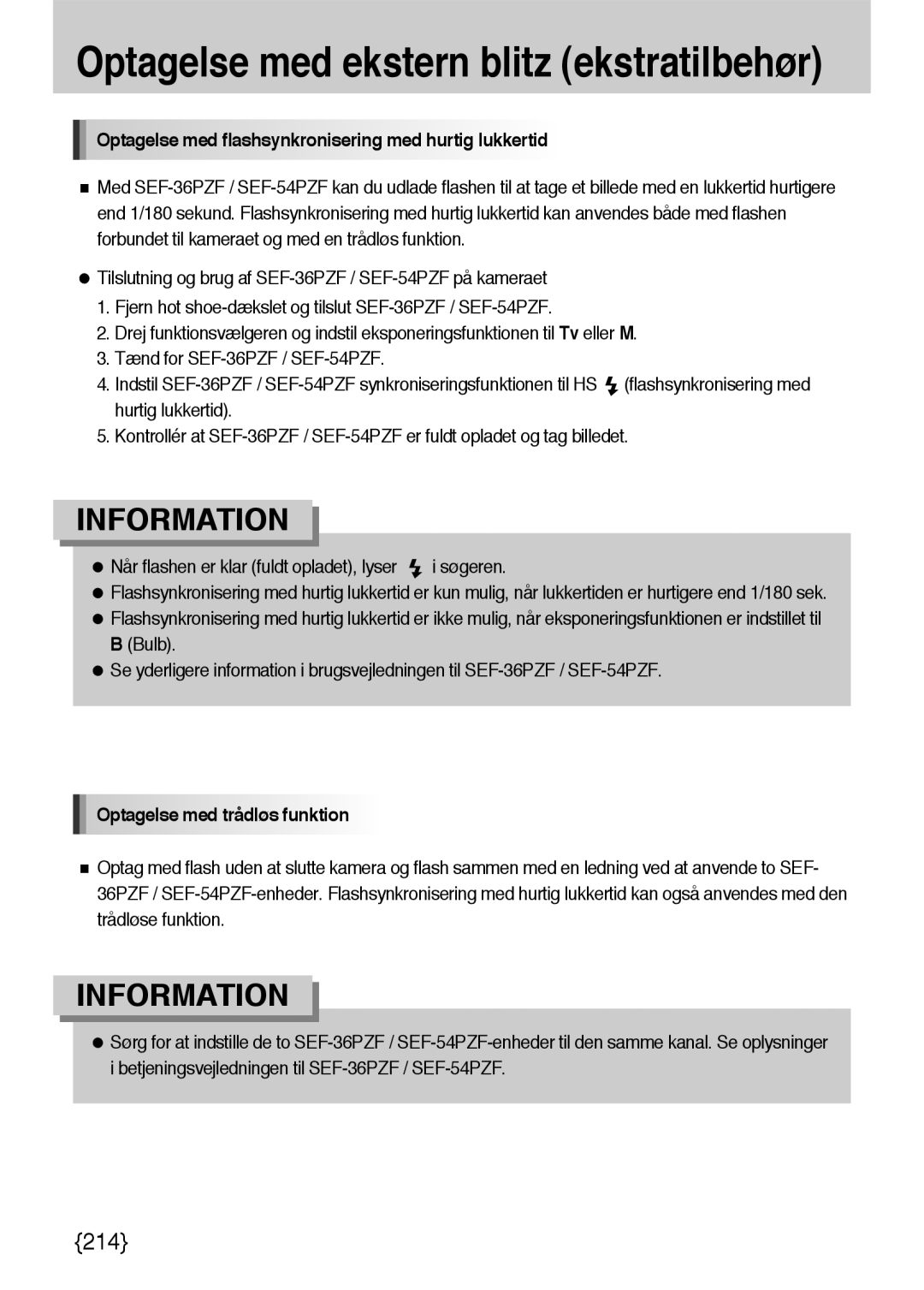 Samsung ER-GX10ZBBB/DE manual Optagelse med flashsynkronisering med hurtig lukkertid, Optagelse med trådløs funktion 