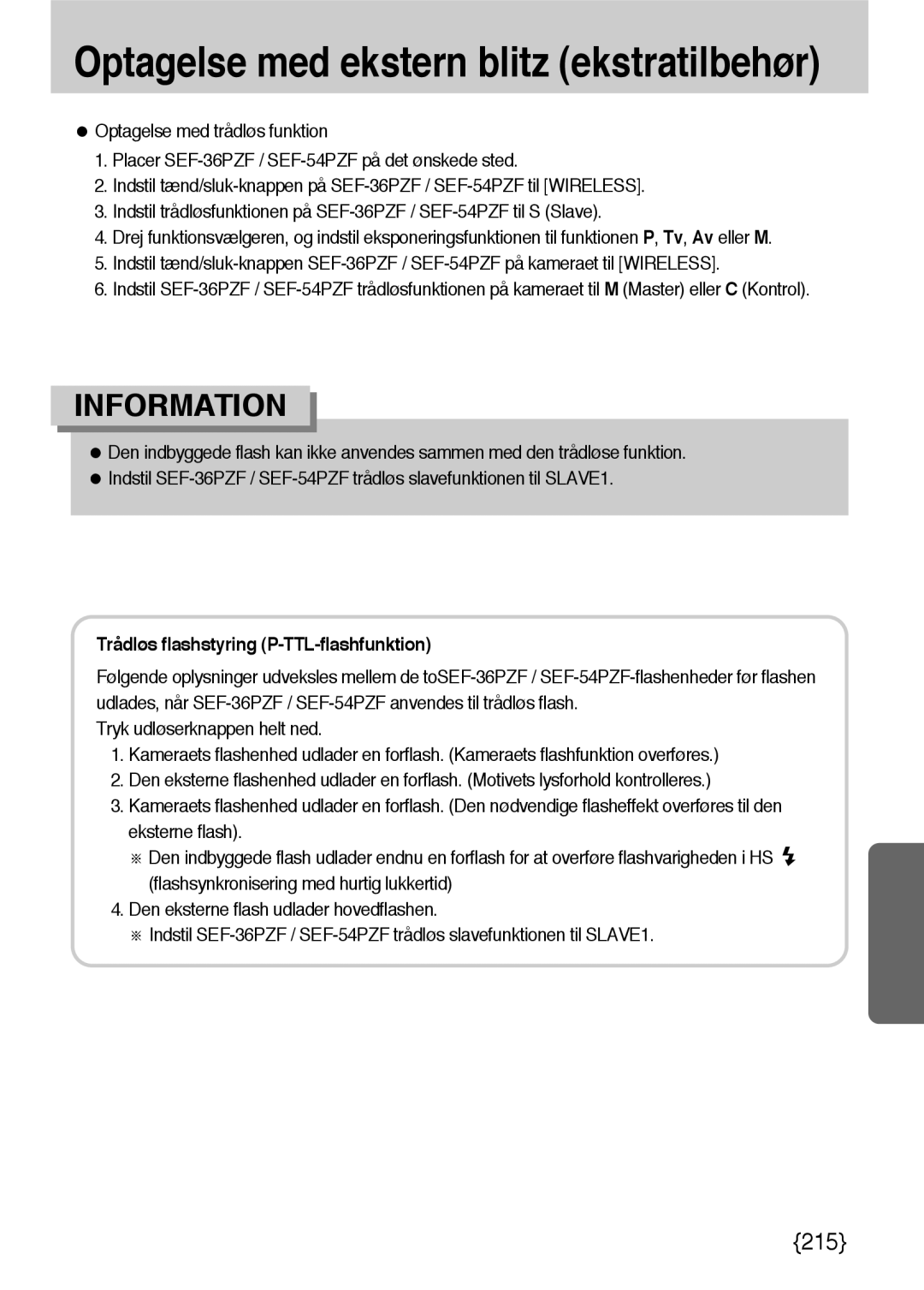 Samsung ER-GX10ZBBB/SE, ER-GX10ZBBH/DE, ER-GX10ZBBA/DK, ER-GX10ZBBB/DE manual Trådløs flashstyring P-TTL-flashfunktion 